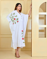 White With  Pink Rose Embroidery Luxury Kaftan