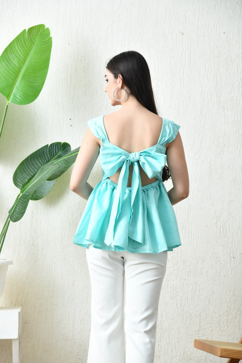 Aqua Bloom Peplum bow top