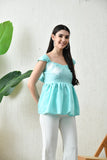 Aqua Bloom Peplum bow top