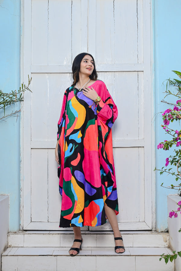 Multicoloured Abstract Print Velvet Kaftan