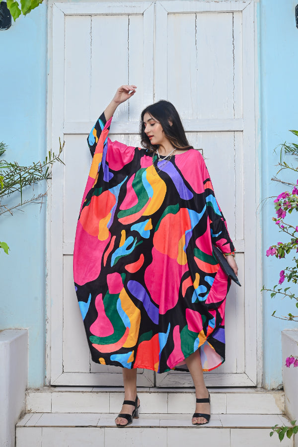 Multicoloured Abstract Print Velvet Kaftan