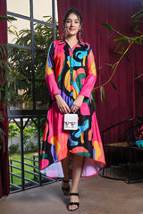 Multicoloured Abstract Print Velvet Shirt Dress
