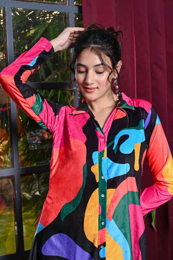 Multicoloured Abstract Print Velvet Shirt Dress