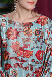 Sea Green Multicoloured Floral Print Velvet Dress