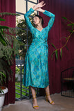 Sea Blue Moroccan Geometric Print Velvet Wrap On Dress