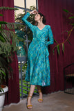 Sea Blue Moroccan Geometric Print Velvet Wrap On Dress