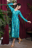 Sea Blue Moroccan Geometric Print Velvet Wrap On Dress