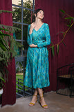 Sea Blue Moroccan Geometric Print Velvet Wrap On Dress