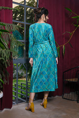 Sea Blue Moroccan Geometric Print Velvet Wrap On Dress