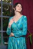 Sea Blue Moroccan Geometric Print Velvet Wrap On Dress