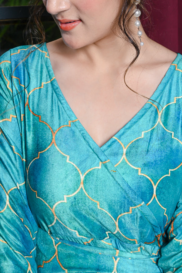 Sea Blue Moroccan Geometric Print Velvet Wrap On Dress thesaffronsaga Sea Blue Moroccan Geometric Print Velvet Wrap On Dress thesaffronsaga