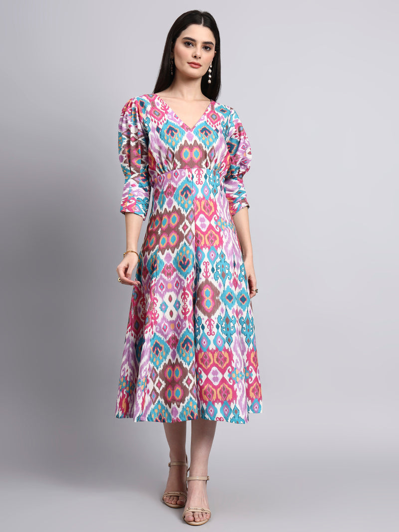 Multicolor Ikat Print Midi Dress