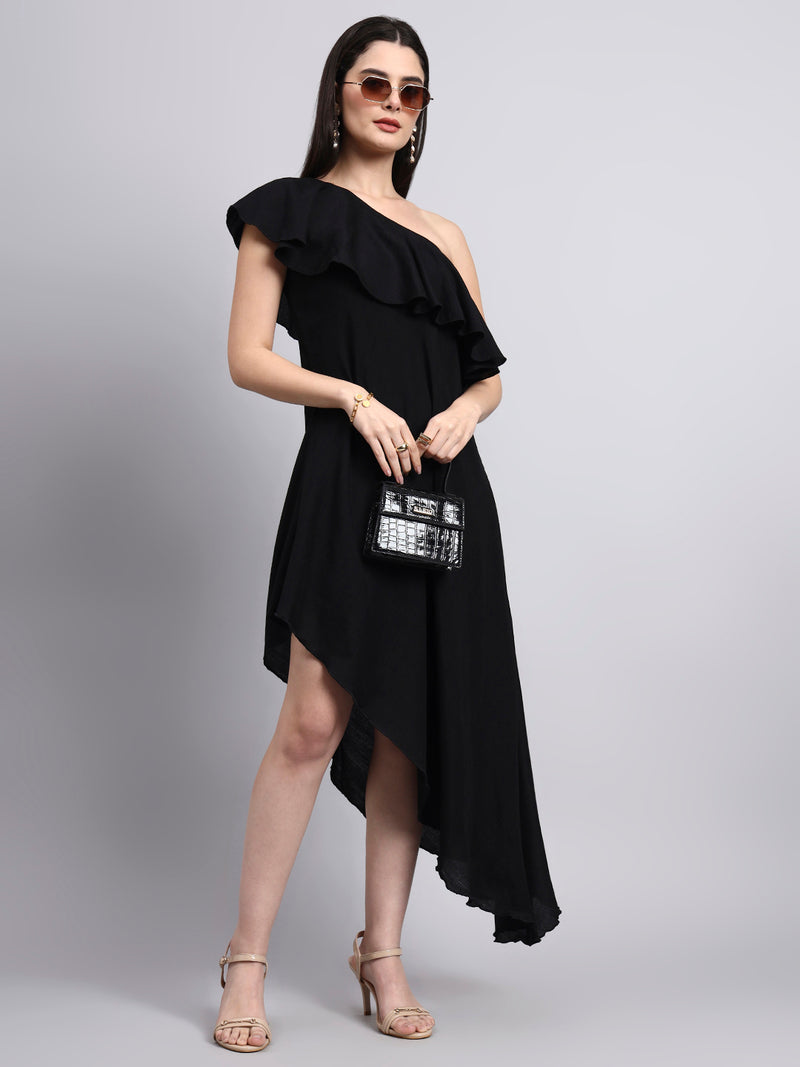 Black One-Shoulder Ruffled Asymmetric Dress