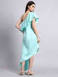 Aqua One-Shoulder Ruffled Asymmetric Dress