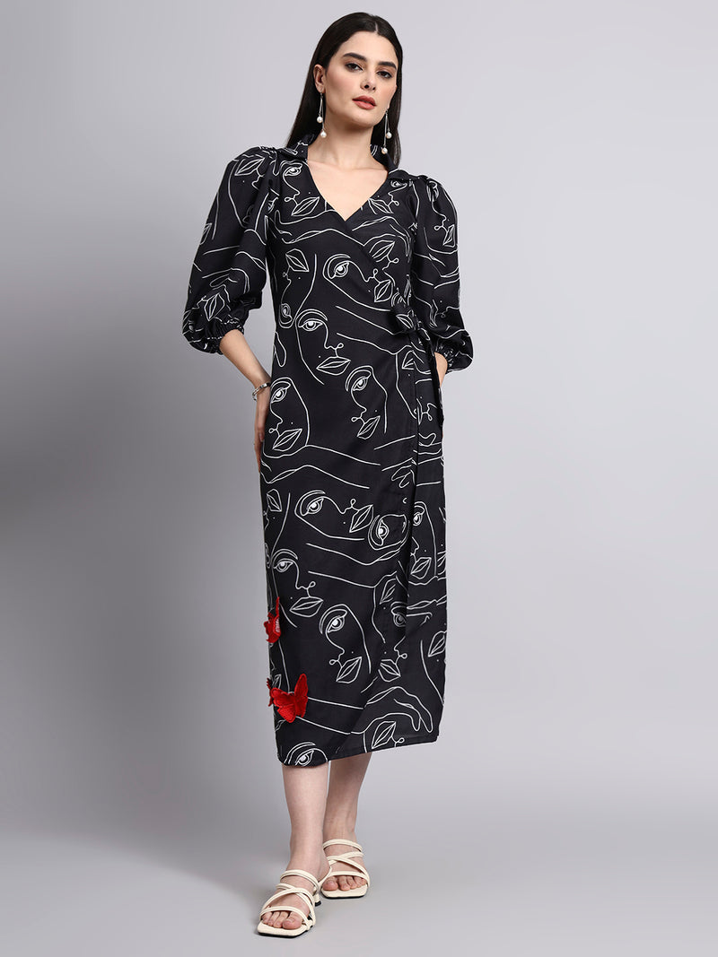Black Printed Wrap Midi Dress