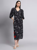 Black Printed Wrap Midi Dress