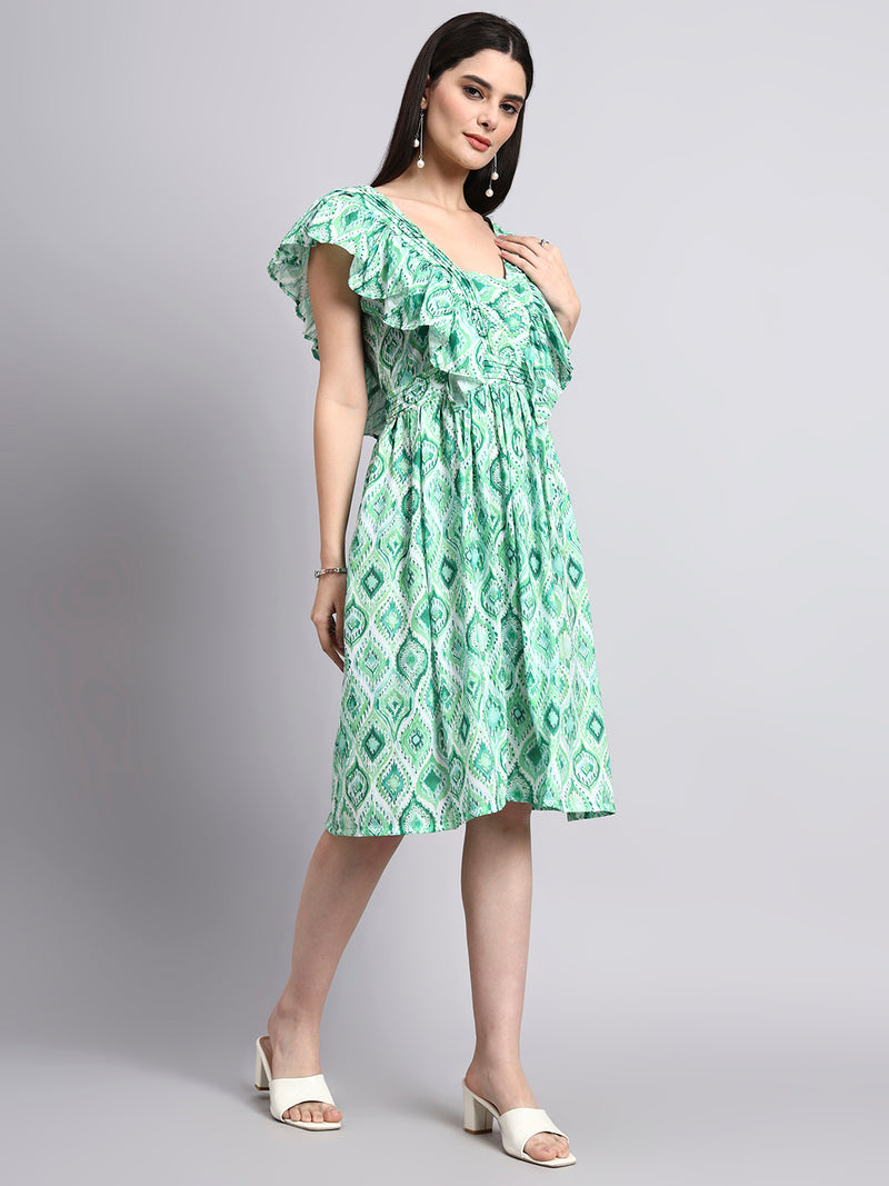 Green Ruffled Fit-and-Flare Dress