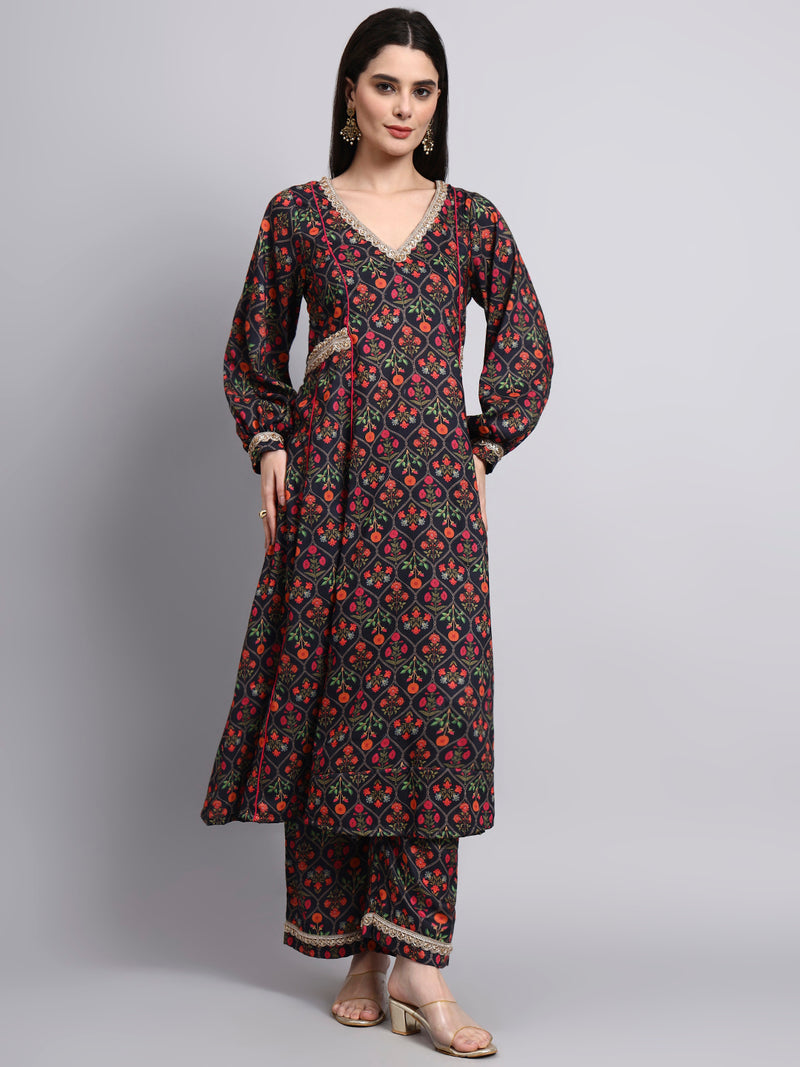 Mahveen Black Mughal Print Anarkali Set