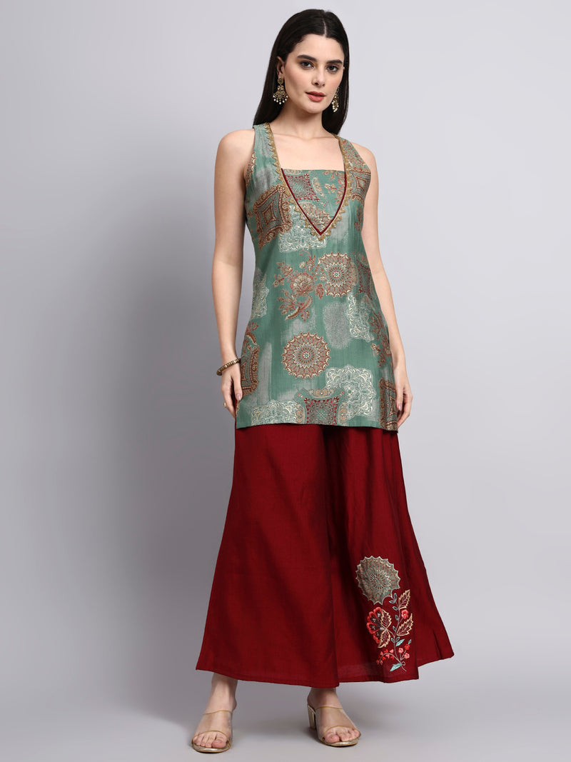 Mehrunisa green & Sleeveless Kurta Set