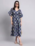 Indigo Leaf Print Tiered Midi Dress