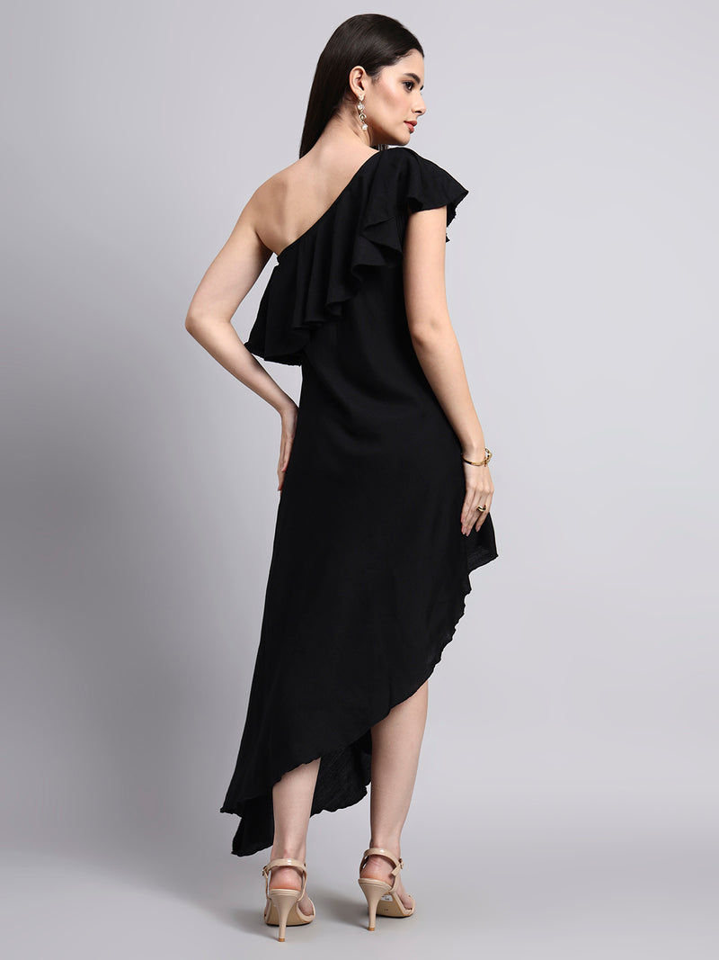 Black One-Shoulder Ruffled Asymmetric Dress