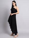 Black One-Shoulder Ruffled Asymmetric Dress