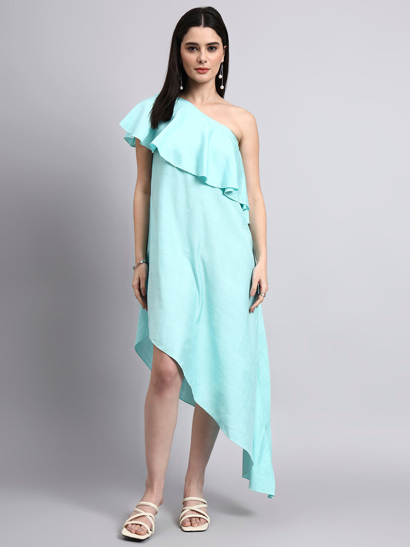Aqua One-Shoulder Ruffled Asymmetric Dress