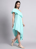 Aqua One-Shoulder Ruffled Asymmetric Dress