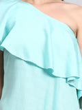 Aqua One-Shoulder Ruffled Asymmetric Dress