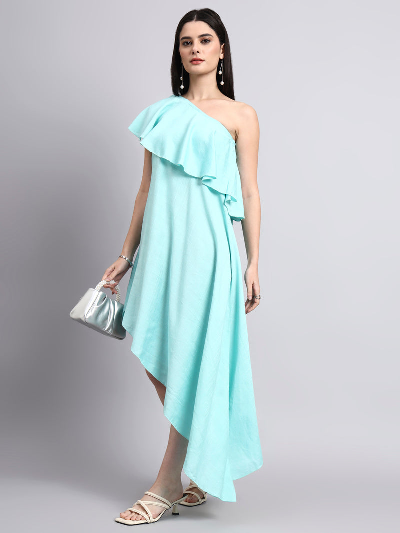 Aqua One-Shoulder Ruffled Asymmetric Dress