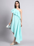 Aqua One-Shoulder Ruffled Asymmetric Dress
