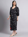 Black Printed Wrap Midi Dress