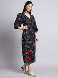 Black Printed Wrap Midi Dress