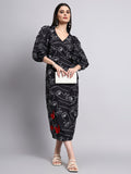 Black Printed Wrap Midi Dress