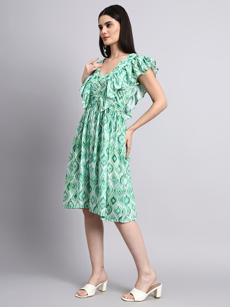 Green Ruffled Fit-and-Flare Dress