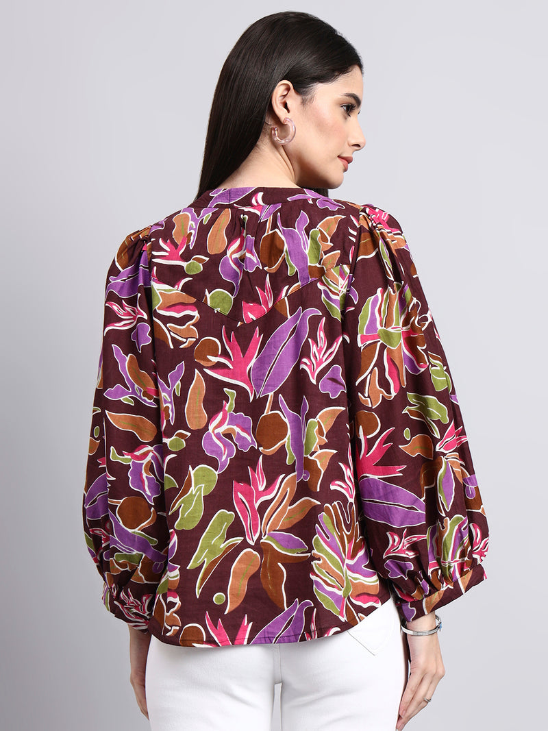 Purple Floral Printed Balloon Sleeve Top