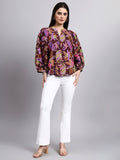 Purple Floral Printed Balloon Sleeve Top