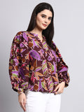Purple Floral Printed Balloon Sleeve Top