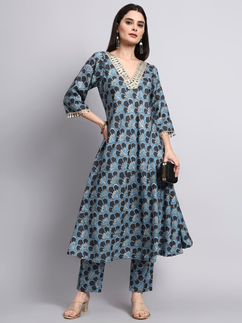 Blue Floral Printed Anarkali Kurta Set