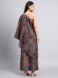 Ranaa Brown Ajrakh Print One-Shoulder Set