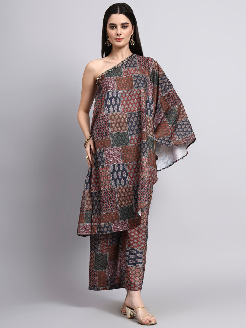 Ranaa Brown Ajrakh Print One-Shoulder Set