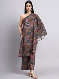 Ranaa Brown Ajrakh Print One-Shoulder Set