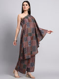 Ranaa Brown Ajrakh Print One-Shoulder Set