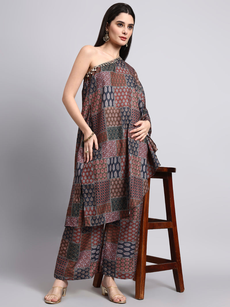 Ranaa Brown Ajrakh Print One-Shoulder Set