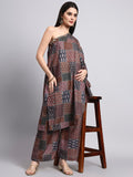 Ranaa Brown Ajrakh Print One-Shoulder Set