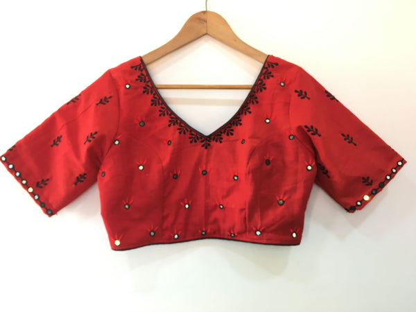 Red Embroidered Cotton Blouse  - thesaffronsaga
