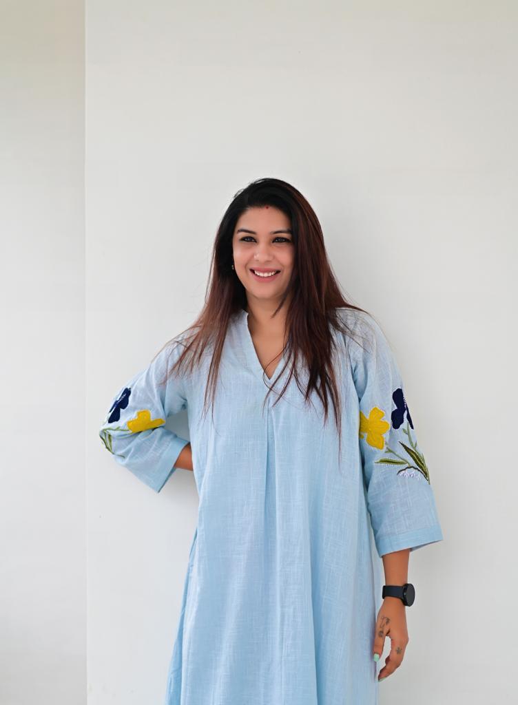Ice Blue Embroidered Shirt Style Comfort Dress