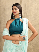 Peacock Blue Halter Neck Embroidered Blouse
