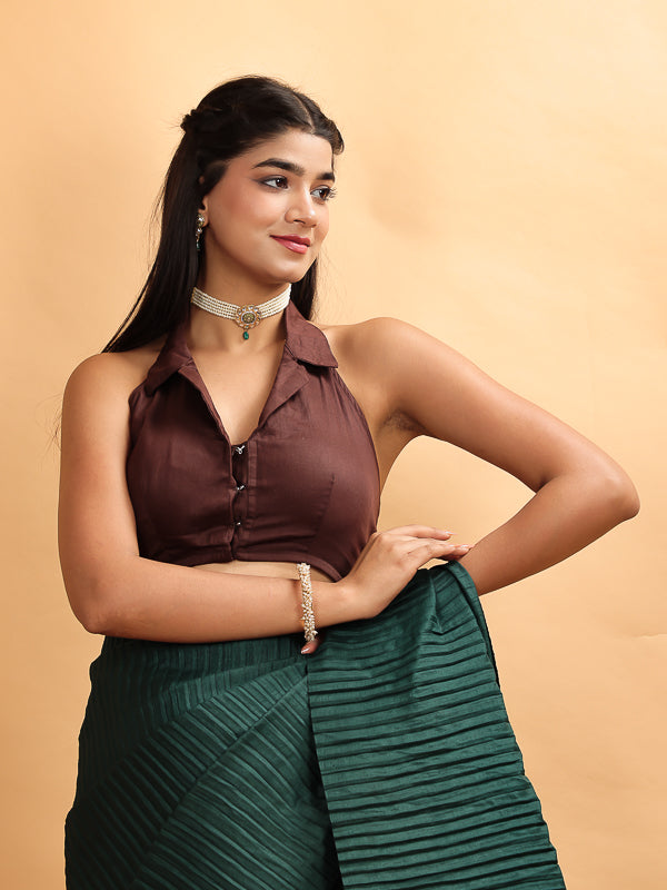 Deep Brown Embroidered Halter Neck padded Blouse