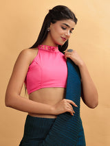 Fuchsia Pink Halter Neck Embroidered Blouse
